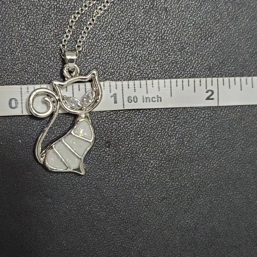 Silver tone glittery enamel cat jewelry set